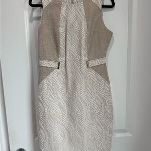 Calvin Klein Cream and Brown Sheath Dress Sleeveless Halter Midi